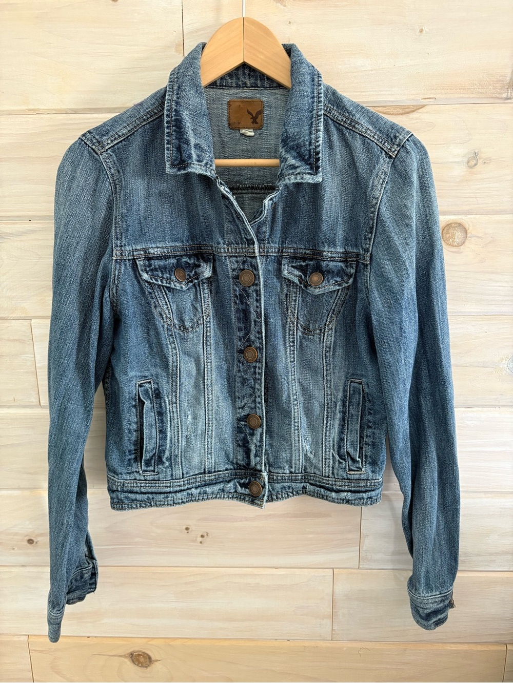 American Eagle Outfitters Women's Distressed Light Blue Denim Jacket